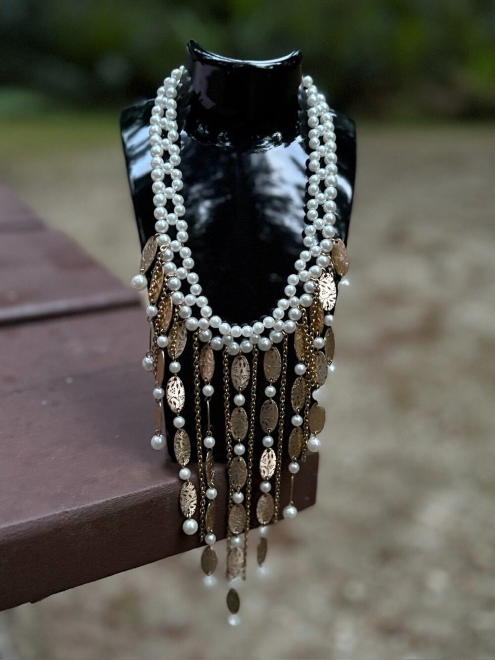 Vintage Boho Pearl & Gold Fringe Statement Necklace ✨